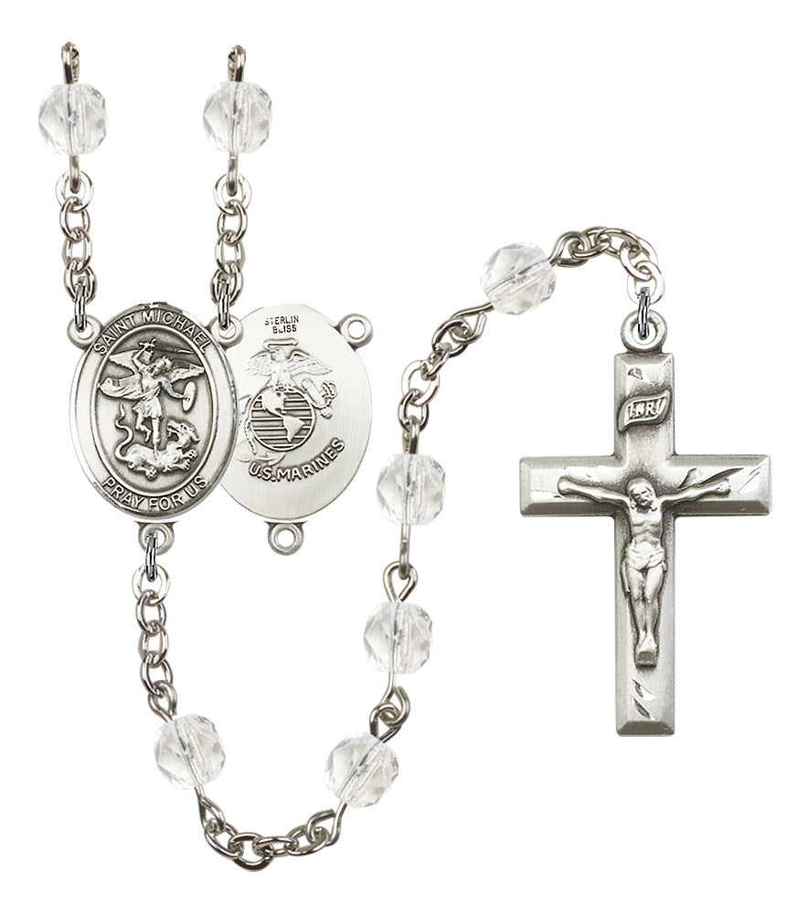 St. Michael U.S. Marines Rosary, 6mm Fire Polished Crystal Beads, Silver Plate, # 16400