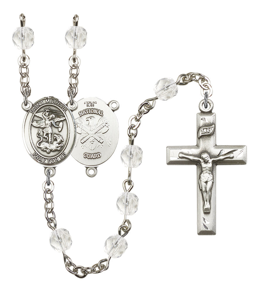 St. Michael National Guard Rosary, 6mm Fire Polished Crystal Beads, Silver Plate, # 16401
