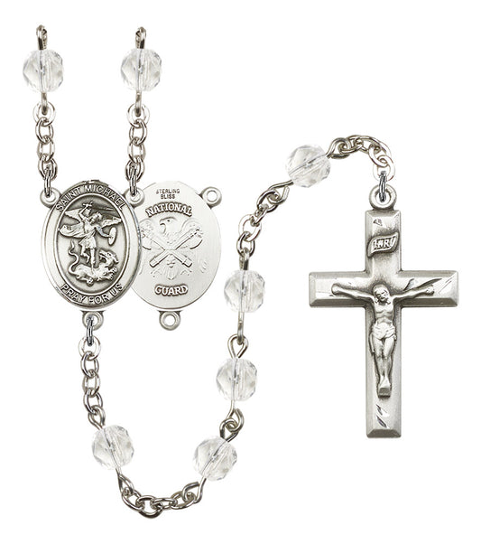 St. Michael National Guard Rosary, 6mm Fire Polished Crystal Beads, Silver Plate, # 16401
