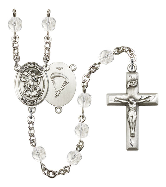 St. Michael Paratrooper Skydiver Rosary, 6mm Fire Polished Crystal Beads, Silver Plate, # 16403
