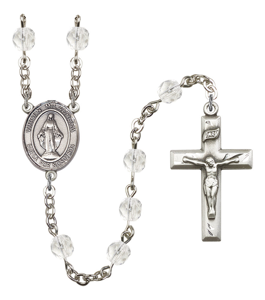 Virgen Milagosa Spanish Rosary, 6mm Fire Polished Crystal Beads, Silver Plate, # 16407