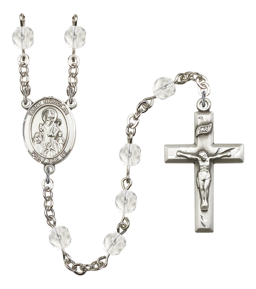 St. Nicholas Rosary, 6mm Fire Polished Crystal Beads, Silver Plate, # 16409