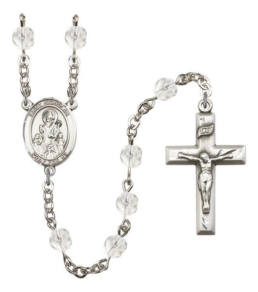 St. Nicholas Rosary, 6mm Fire Polished Crystal Beads, Silver Plate, # 16409