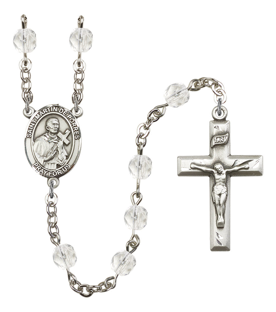 St. Martin de Porres Rosary, 6mm Fire Polished Crystal Beads, Silver Plate, # 16420