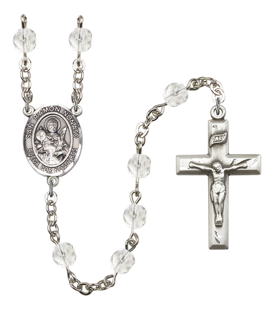 San Ramon Nonato Spanish Rosary, 6mm Fire Polished Crystal Beads, Silver Plate, # 16458