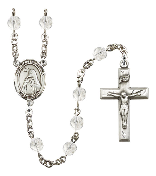 St. Teresa of Avila Rosary, 6mm Fire Polished Crystal Beads, Silver Plate, # 16497
