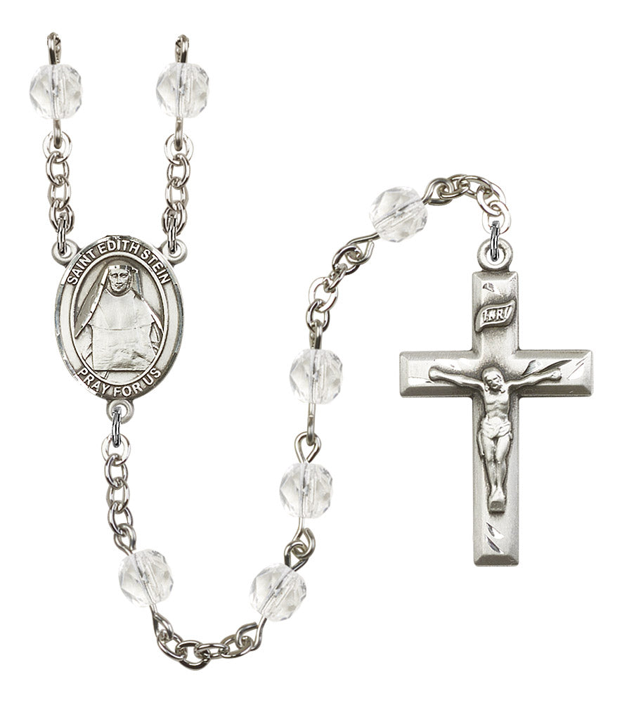 St. Edith Stein Rosary, 6mm Fire Polished Crystal Beads, Silver Plate, # 16498