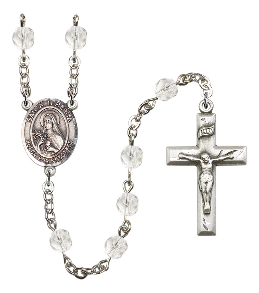 Santa Teresita Spanish Rosary, 6mm Fire Polished Crystal Beads, Silver Plate, # 16502