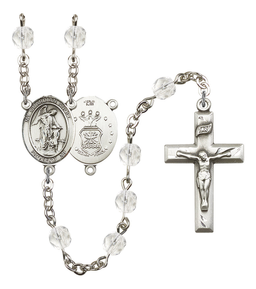 Guardian Angel U.S. Air Force Rosary, 6mm Fire Polished Crystal Beads, Silver Plate, # 16516