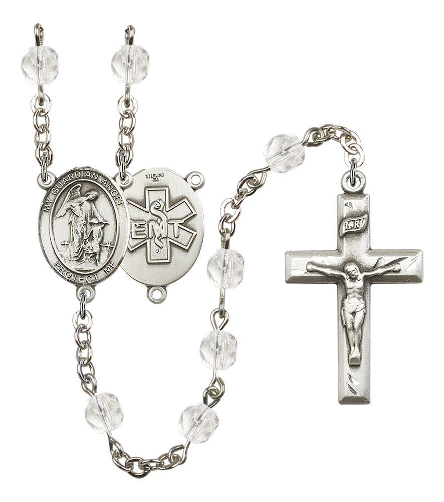 Guardian Angel EMT Rosary, 6mm Fire Polished Crystal Beads, Silver Plate, # 16517
