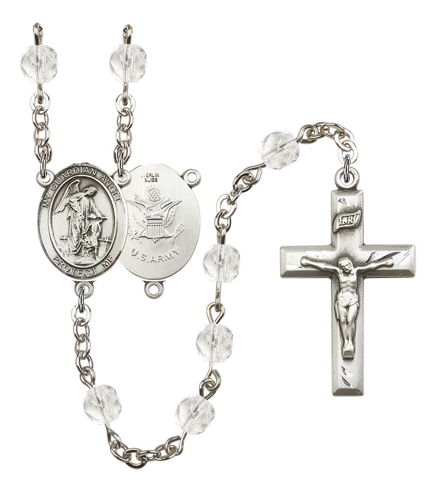 Guardian Angel U.S. Army Rosary, 6mm Fire Polished Crystal Beads, Silver Plate, # 16518