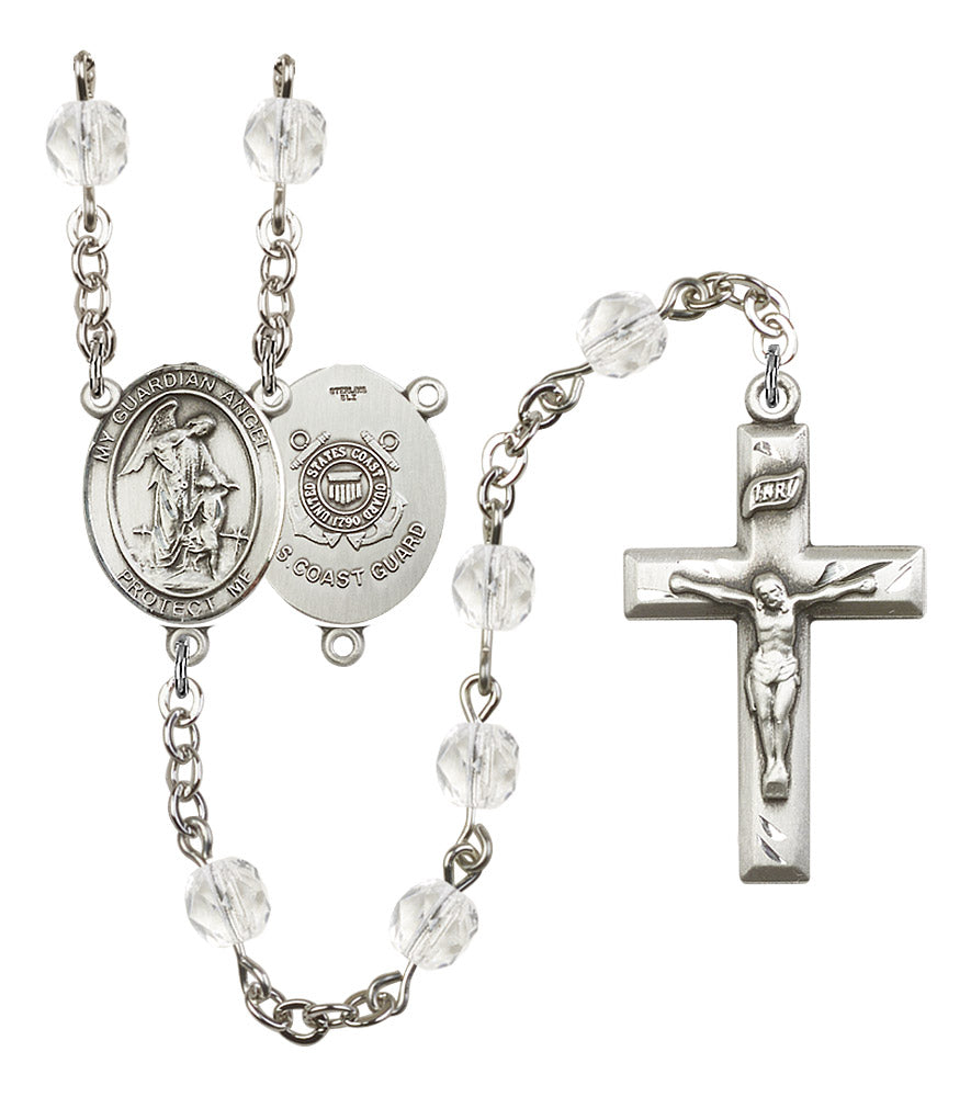 Guardian Angel U.S. Coast Guard Rosary, 6mm Fire Polished Crystal Beads, Silver Plate, # 16519