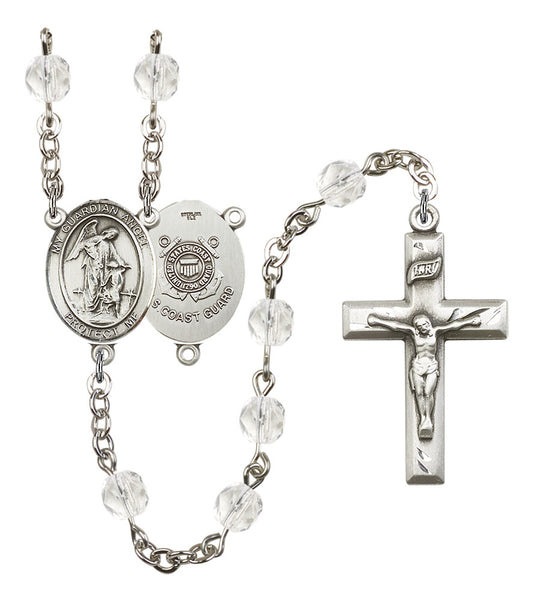 Guardian Angel U.S. Coast Guard Rosary, 6mm Fire Polished Crystal Beads, Silver Plate, # 16519