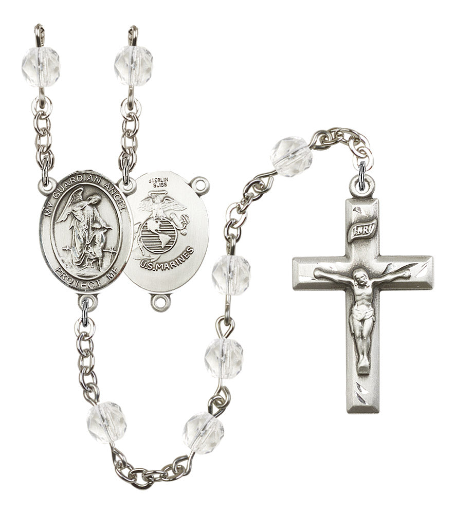 Guardian Angel U.S. Marines Rosary, 6mm Fire Polished Crystal Beads, Silver Plate, # 16520
