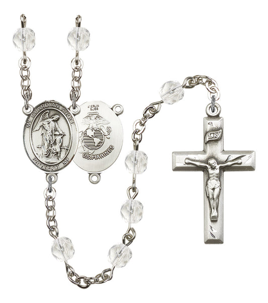 Guardian Angel U.S. Marines Rosary, 6mm Fire Polished Crystal Beads, Silver Plate, # 16520