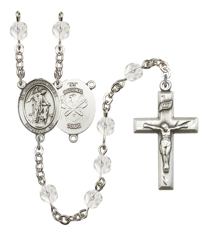 Guardian Angel National Guard Rosary, 6mm Fire Polished Crystal Beads, Silver Plate, # 16521
