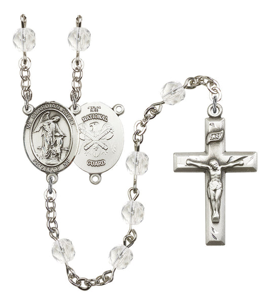 Guardian Angel National Guard Rosary, 6mm Fire Polished Crystal Beads, Silver Plate, # 16521