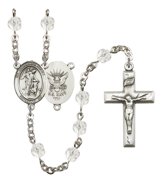 Guardian Angel U.S. Navy Rosary, 6mm Fire Polished Crystal Beads, Silver Plate, # 16522