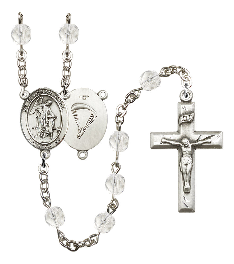 Guardian Angel Paratrooper Skydiver Rosary, 6mm Fire Polished Crystal Beads, Silver Plate, # 16523