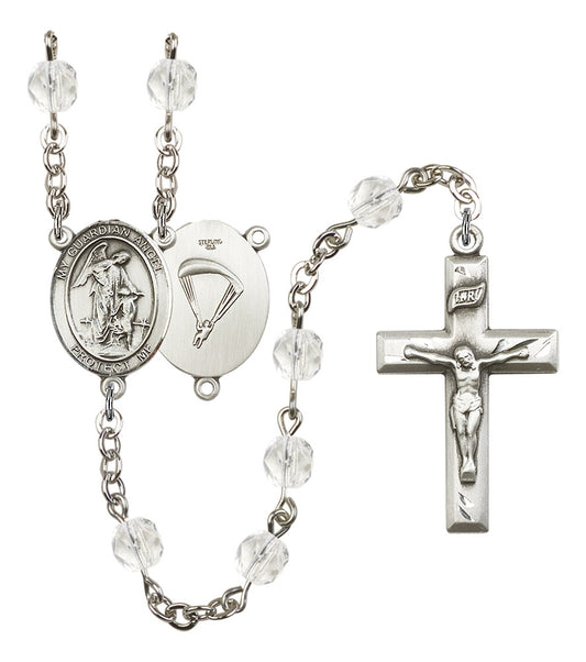 Guardian Angel Paratrooper Skydiver Rosary, 6mm Fire Polished Crystal Beads, Silver Plate, # 16523