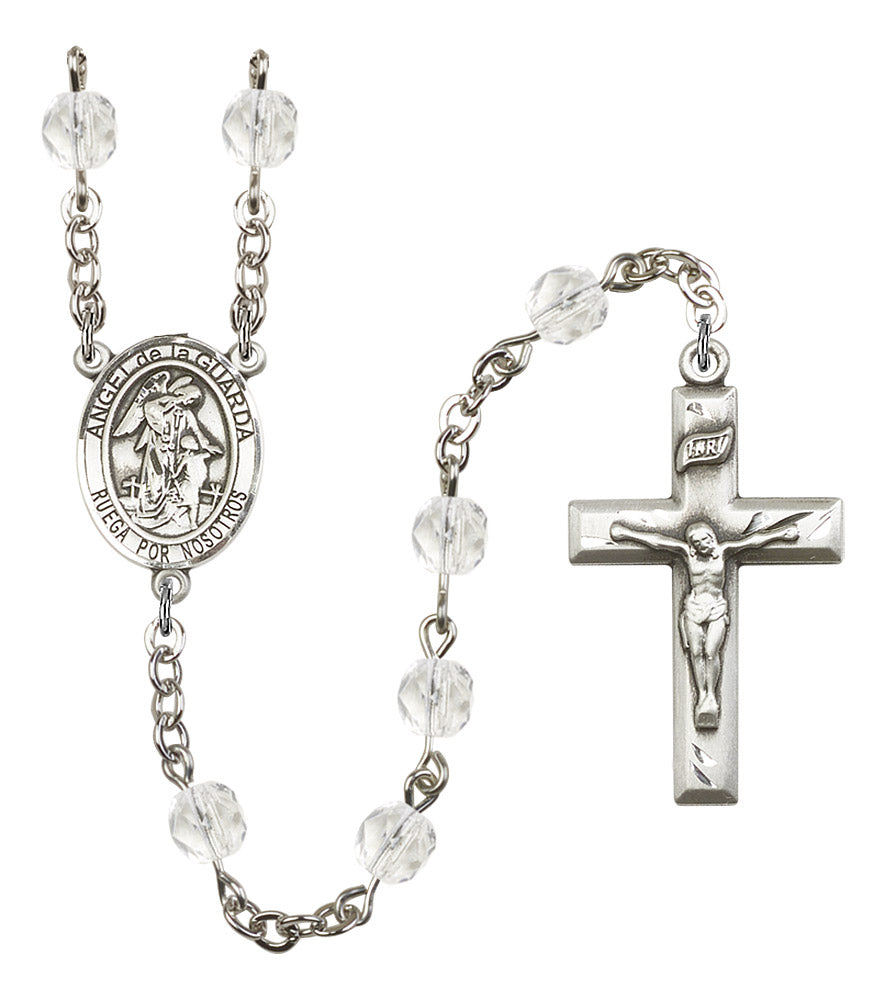 Angel de la Guarda Spanish Rosary, 6mm Fire Polished Crystal Beads, Silver Plate, # 16524