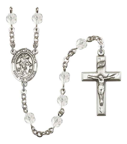 Angel de la Guarda Spanish Rosary, 6mm Fire Polished Crystal Beads, Silver Plate, # 16524