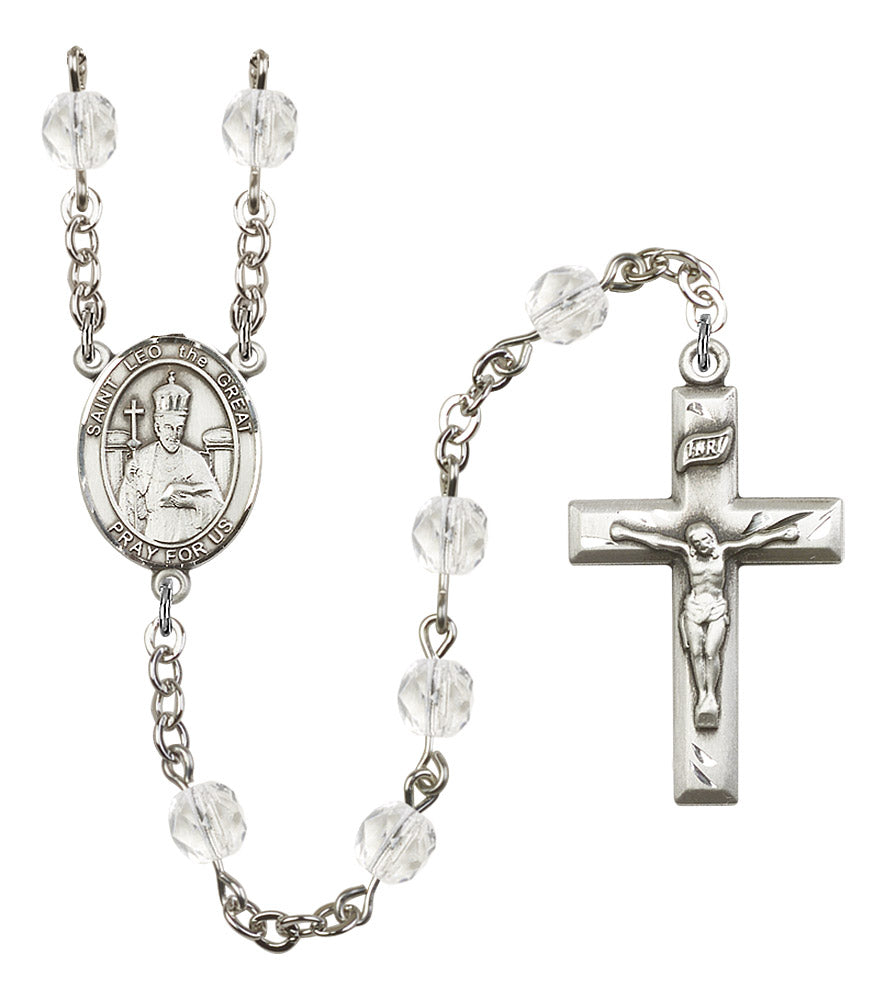 St. Leo the Great Rosary, 6mm Fire Polished Crystal Beads, Silver Plate, # 16526