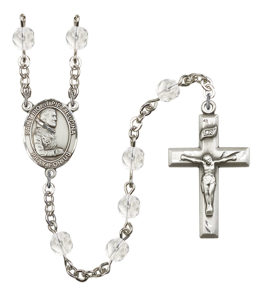 St. Pio of Pietrelcina Rosary, 6mm Fire Polished Crystal Beads, Silver Plate, # 16531