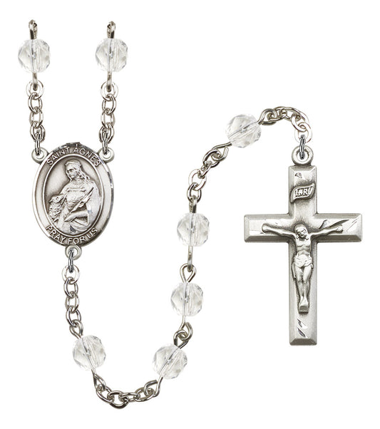St. Agnes Rosary, 6mm Fire Polished Crystal Beads, Silver Plate, # 16535