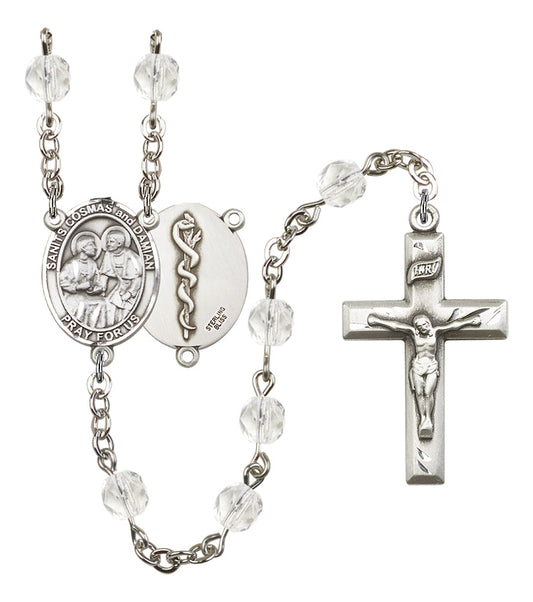 Sts. Cosmas and Damian Doctor's Rosary, 6mm Fire Polished Crystal Beads, Silver Plate, # 16539