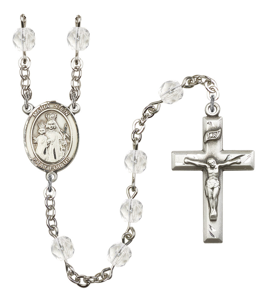 St. Maria Stein Rosary, 6mm Fire Polished Crystal Beads, Silver Plate, # 16540