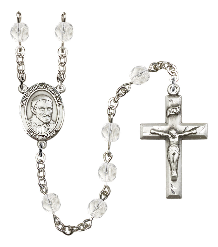 St. Vincent de Paul Rosary, 6mm Fire Polished Crystal Beads, Silver Plate, # 16542