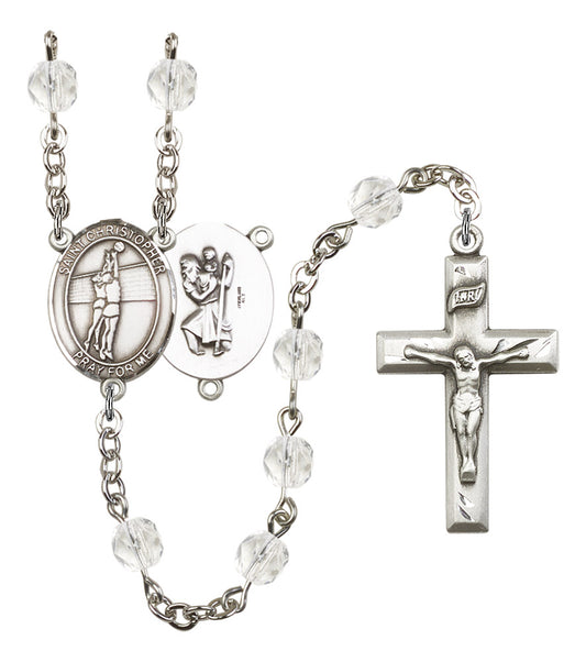 St. Christopher / Volleyball Rosary, 6mm Fire Polished Crystal Beads, Silver Plate, # 16546