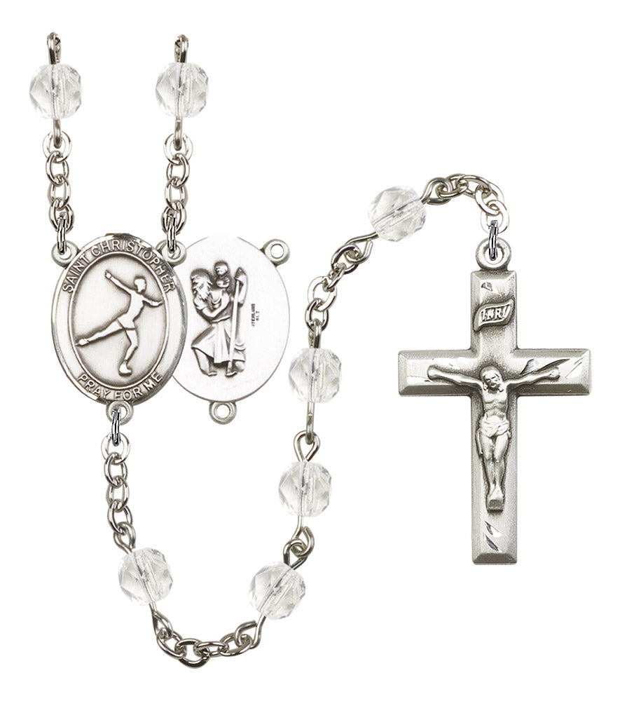 St. Christopher / Figure Skating Rosary, 6mm Fire Polished Crystal Beads, Silver Plate, # 16547