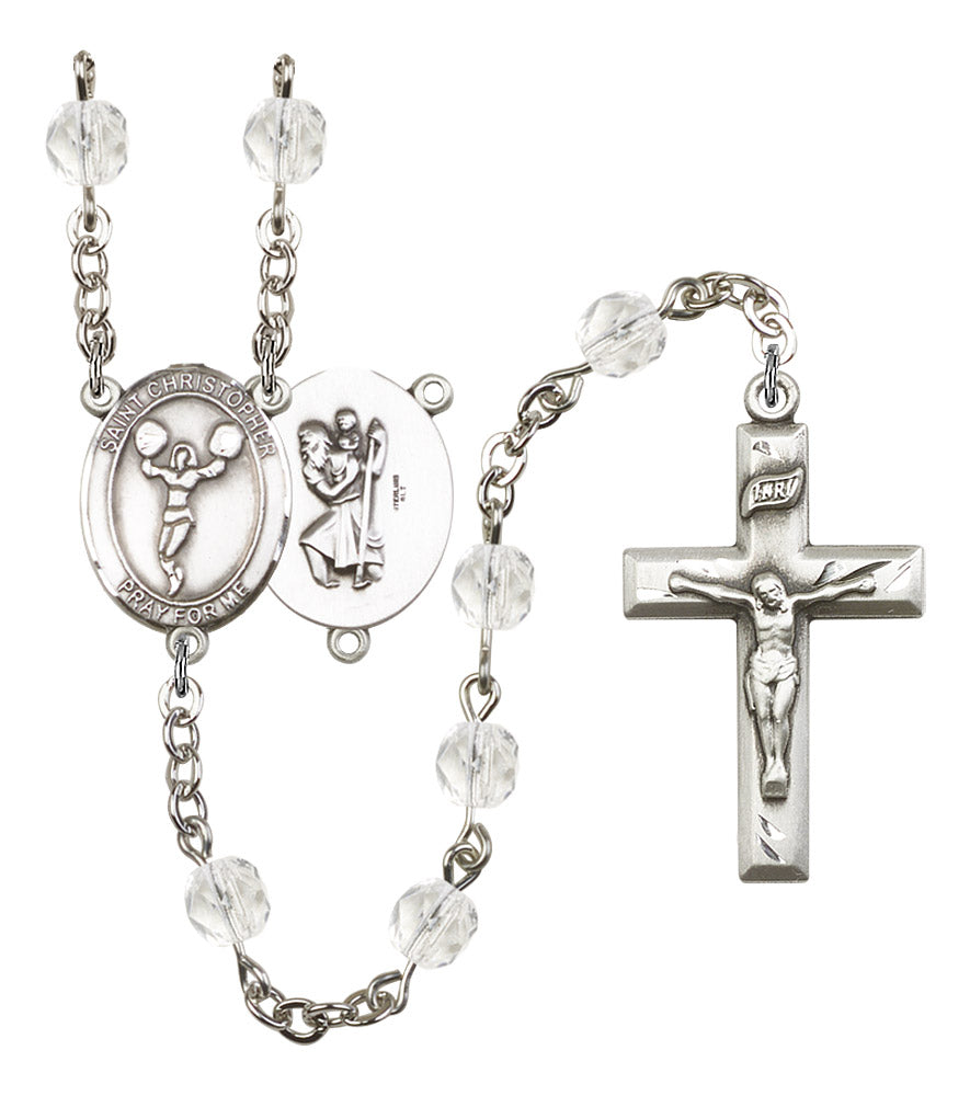 St. Christopher / Cheerleading Rosary, 6mm Fire Polished Crystal Beads, Silver Plate, # 16548