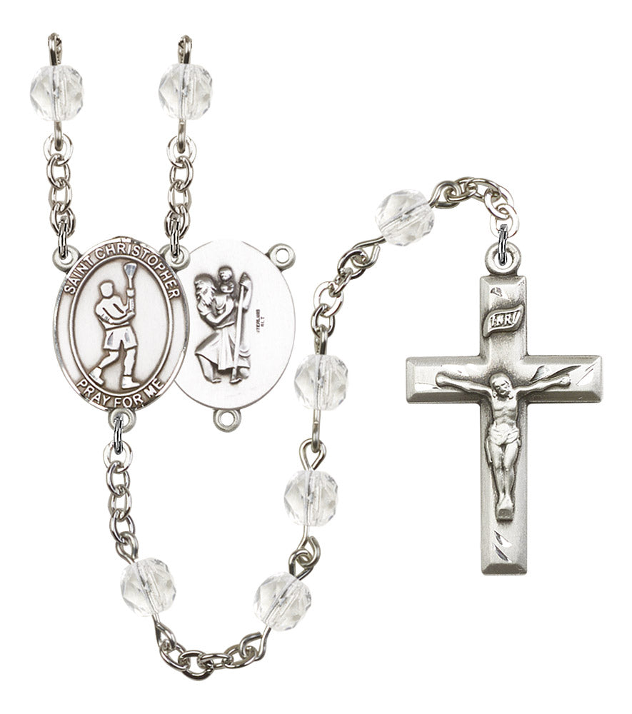 St. Christopher / Lacrosse Rosary, 6mm Fire Polished Crystal Beads, Silver Plate, # 16551