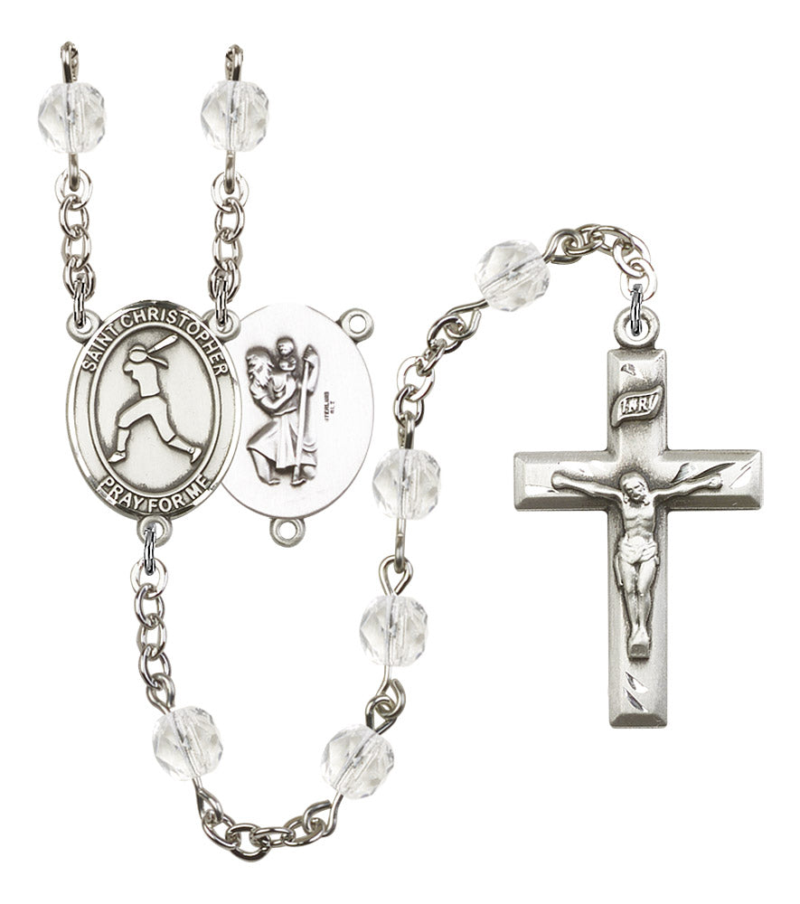 St. Christopher / Women's Softball Rosary, 6mm Fire Polished Crystal Beads, Silver Plate, # 16552