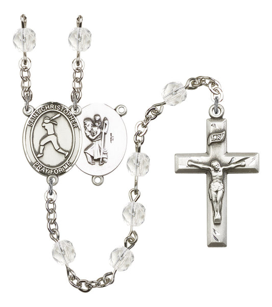 St. Christopher / Women's Softball Rosary, 6mm Fire Polished Crystal Beads, Silver Plate, # 16552