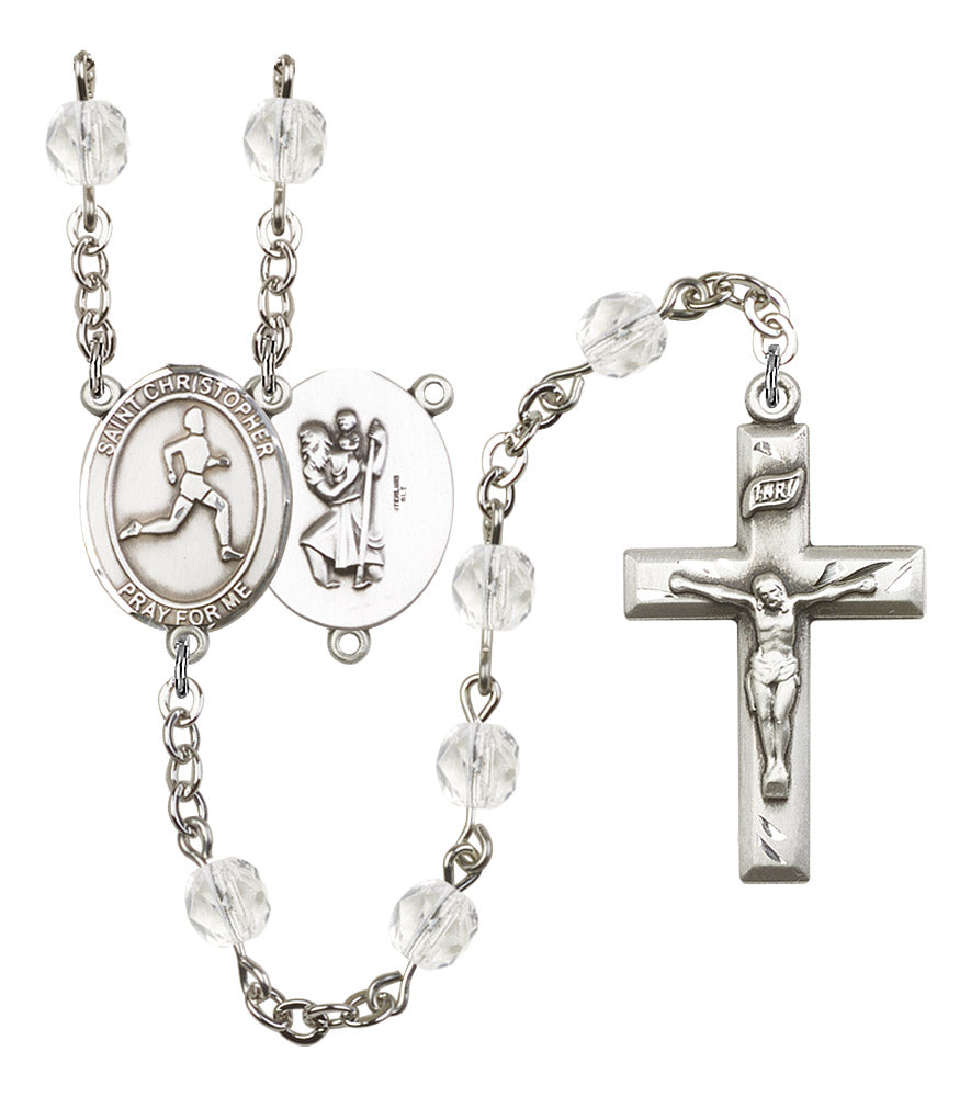 St. Christopher / Women's Track & Field Rosary, 6mm Fire Polished Crystal Beads, Silver Plate, # 16553