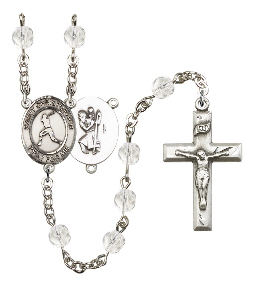 St. Christopher / Baseball Rosary, 6mm Fire Polished Crystal Beads, Silver Plate, # 16554