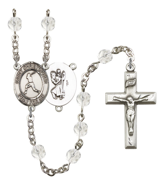 St. Christopher / Baseball Rosary, 6mm Fire Polished Crystal Beads, Silver Plate, # 16554