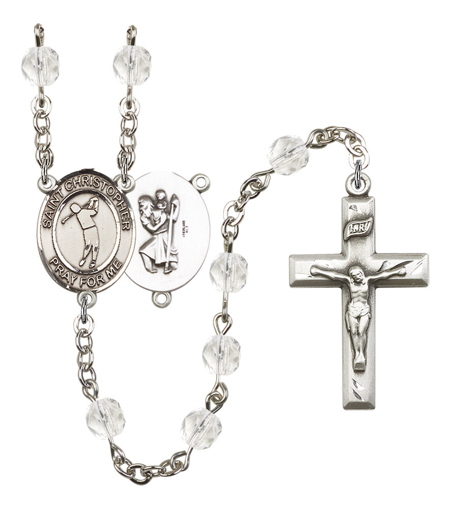 St. Christopher / Golf Rosary, 6mm Fire Polished Crystal Beads, Silver Plate, # 16556