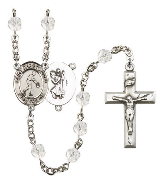 St. Christopher / Basketball Rosary, 6mm Fire Polished Crystal Beads, Silver Plate, # 16557
