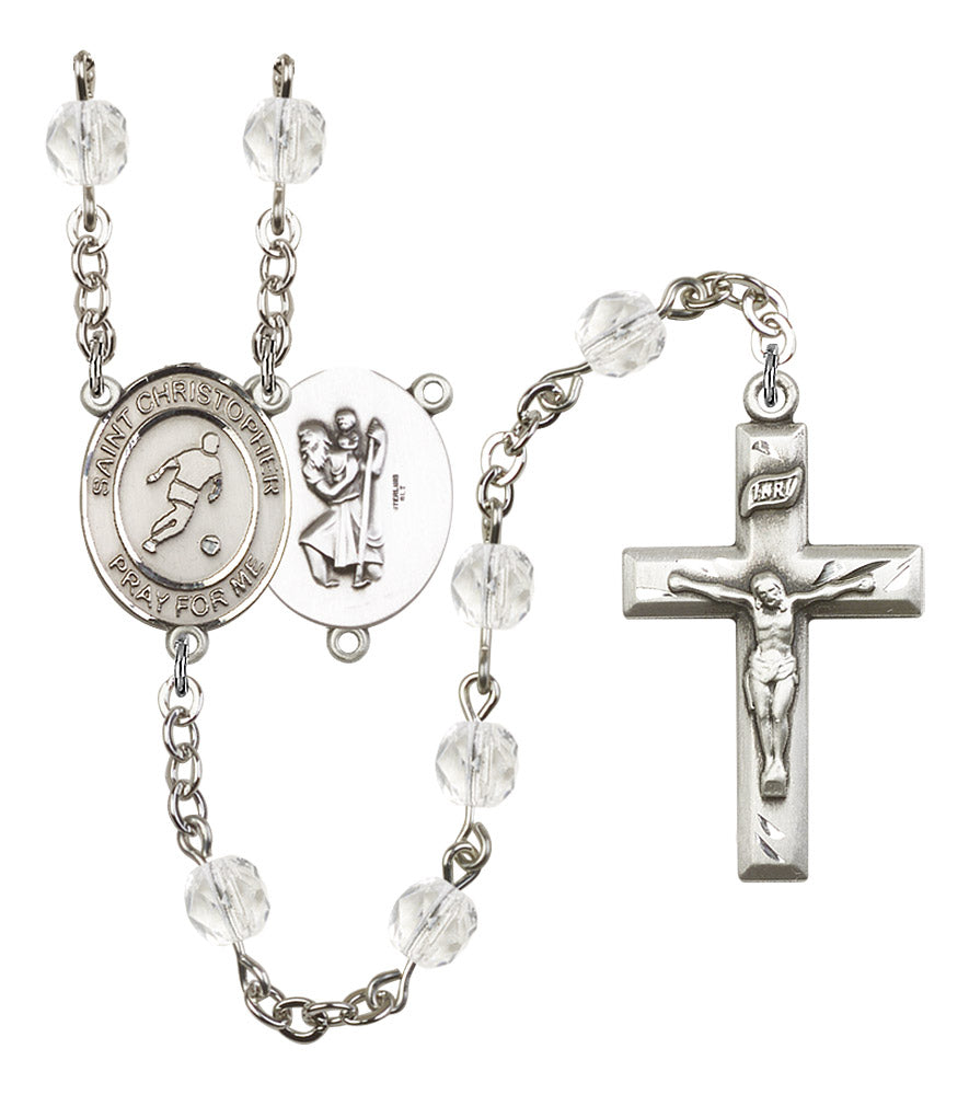 St. Christopher / Soccer Rosary, 6mm Fire Polished Crystal Beads, Silver Plate, # 16558