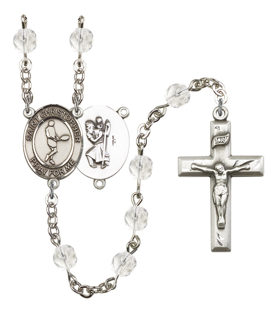 St. Christopher / Tennis Rosary, 6mm Fire Polished Crystal Beads, Silver Plate, # 16560
