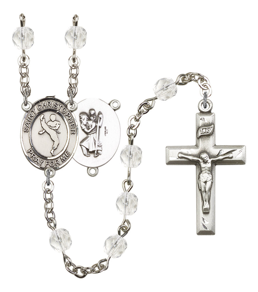 St. Christopher / Martial Arts Rosary, 6mm Fire Polished Crystal Beads, Silver Plate, # 16562
