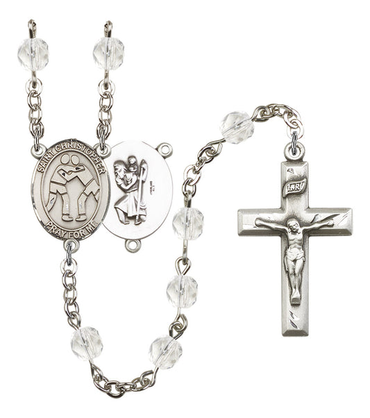 St. Christopher / Wrestling Rosary, 6mm Fire Polished Crystal Beads, Silver Plate, # 16563