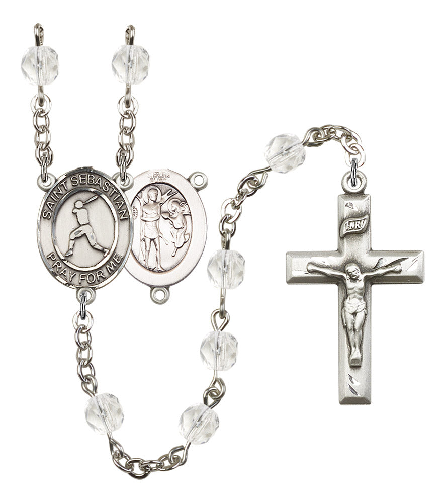 St. Sebastian / Baseball Rosary, 6mm Fire Polished Crystal Beads, Silver Plate, # 16564