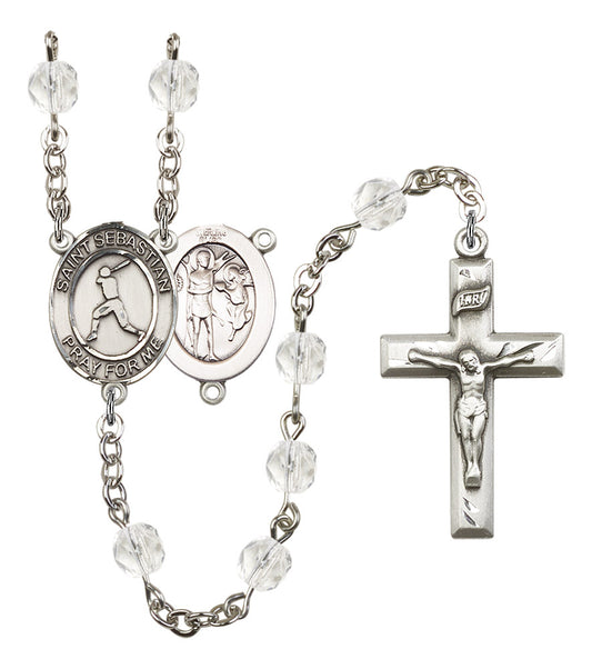 St. Sebastian / Baseball Rosary, 6mm Fire Polished Crystal Beads, Silver Plate, # 16564