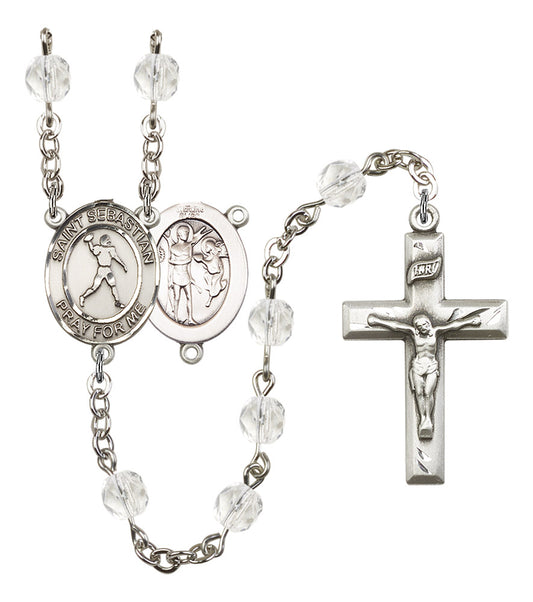 St. Sebastian / Football Rosary, 6mm Fire Polished Crystal Beads, Silver Plate, # 16565